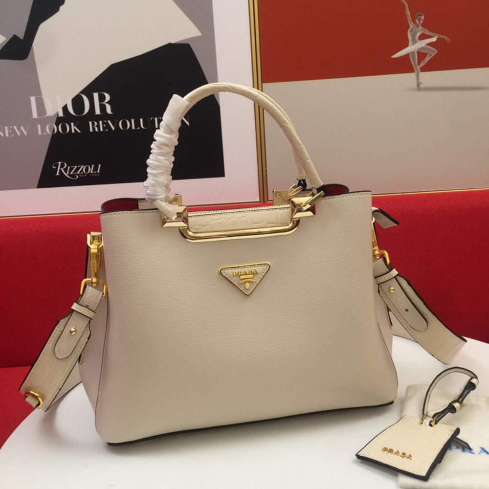 Prada Cream Leather Top‑Handle Satchel Crossbody Handbag